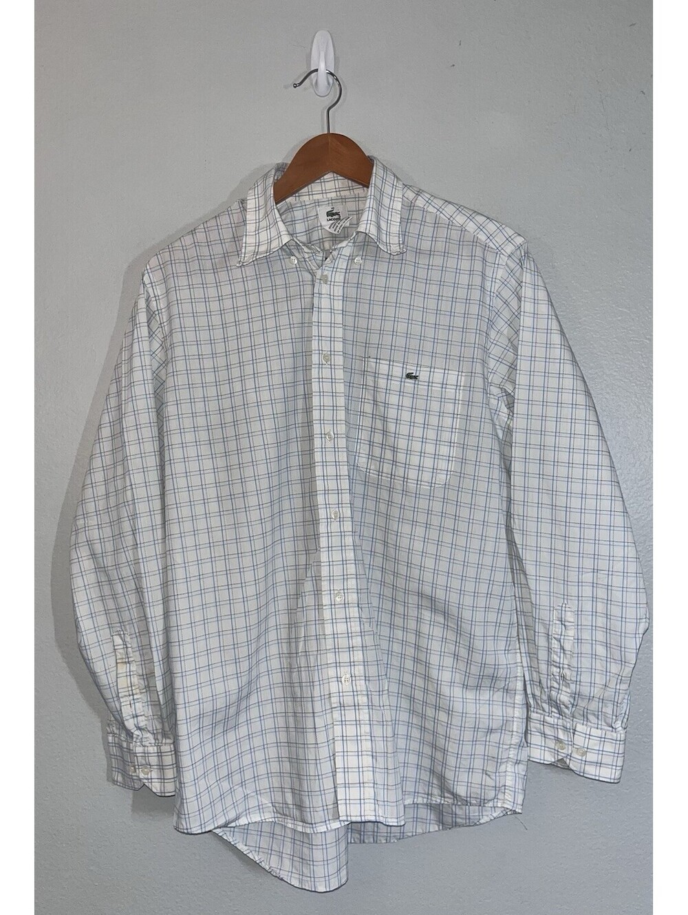 Lacoste Mens Plaid Button Down Shirt White Long Sleeve Size L (40) Logo